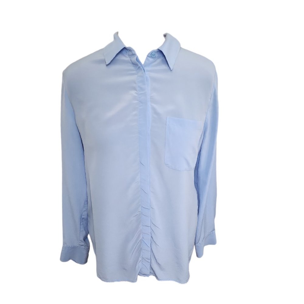 ANN TAYLOR Long Sleeve Silk Button Down Shirt Top Light Blue XL